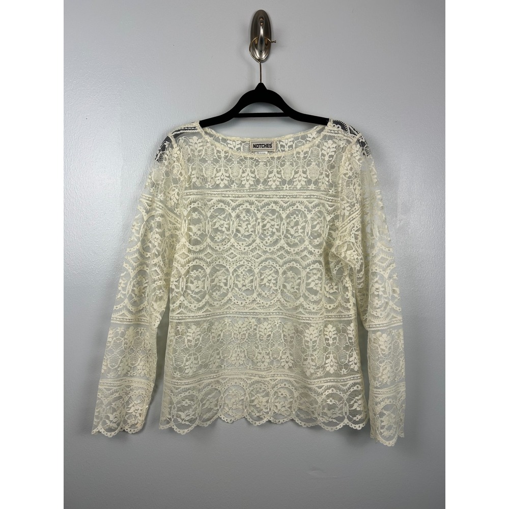 Vintage‎ NOTCHES Ivory Sheer Lace Top Medium Long Sleeve Boho Festival Layering